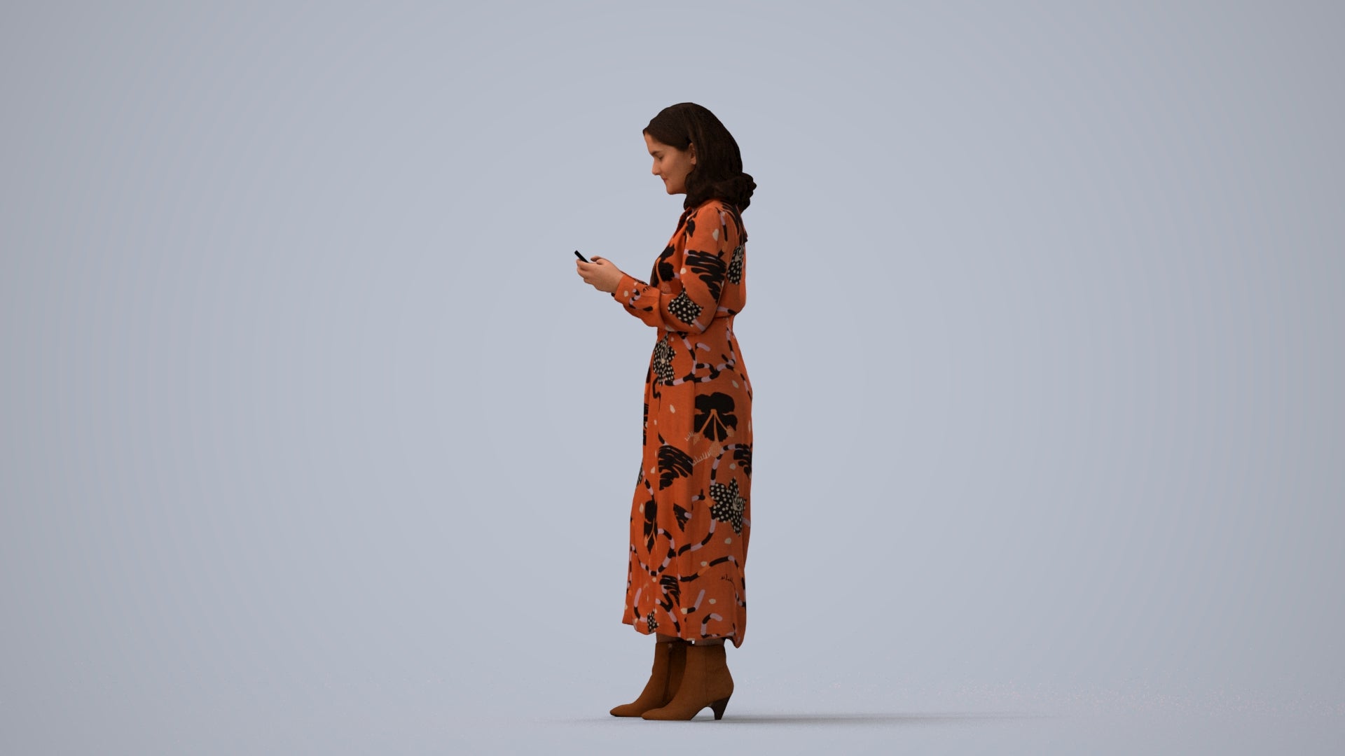 realistic 3D woman casual standing, scanned archviz people for Blender and 3ds Max, three-quarter view render