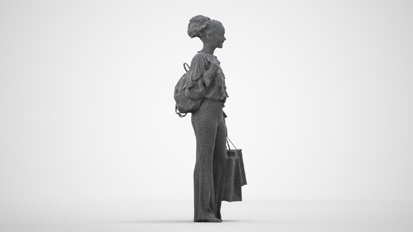 realistic 3D human woman casual shopping, archviz people FBX OBJ for Blender, wireframe side view