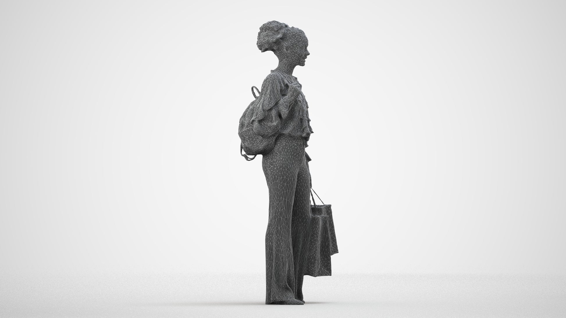 realistic 3D human woman casual shopping, archviz people FBX OBJ for Blender, wireframe side view
