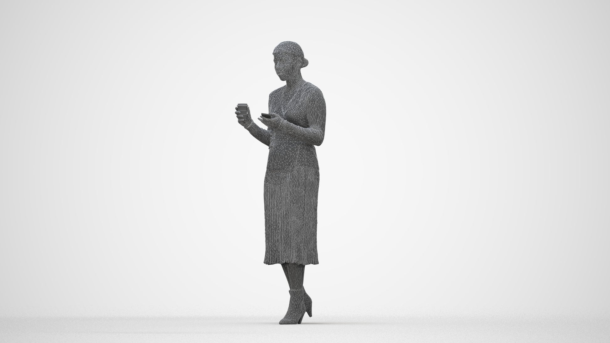 realistic 3D woman casual walking, scanned archviz people for Blender and 3ds Max, wireframe back view
