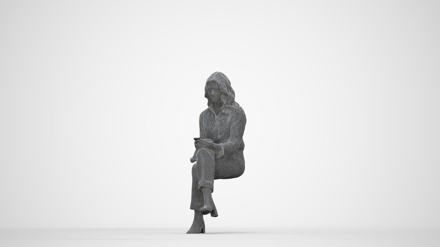 3D human model woman business sitting, photogrammetry scanned person for archviz, wireframe back view