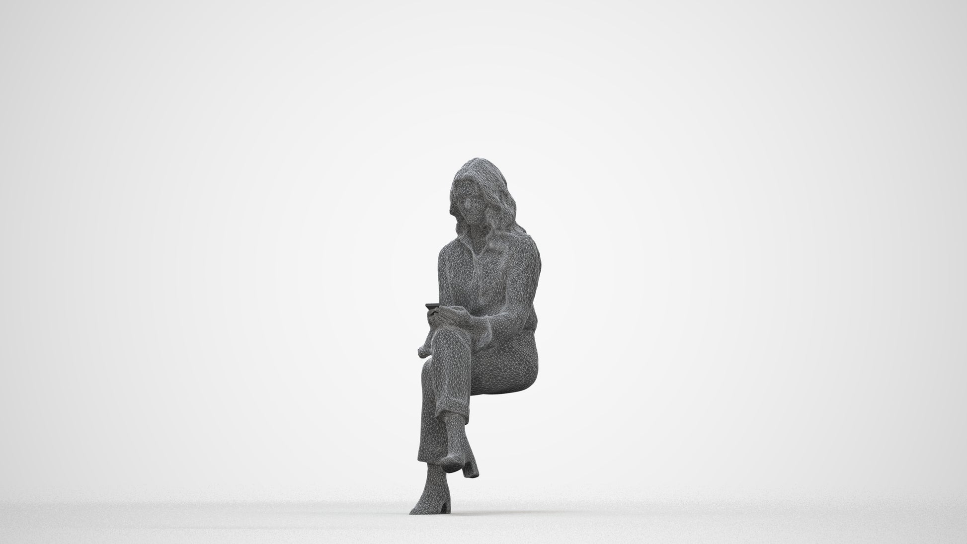 3D human model woman business sitting, photogrammetry scanned person for archviz, wireframe back view