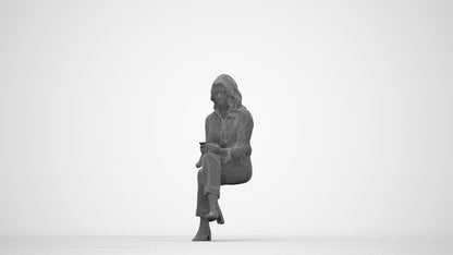 3D human model woman business sitting, photogrammetry scanned person for archviz, wireframe back view