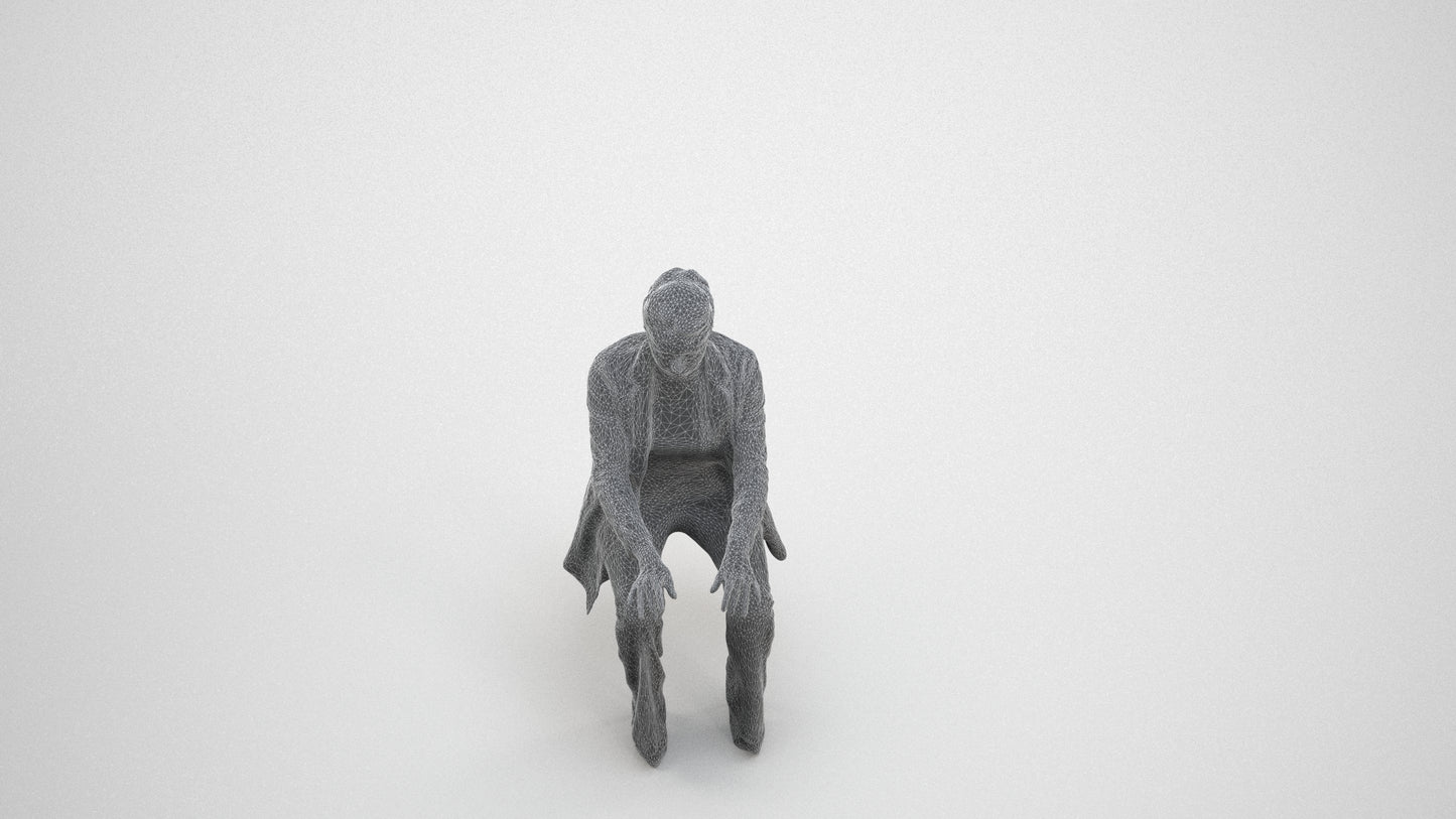 realistic 3D woman business sitting, scanned archviz people for Blender and 3ds Max, wireframe three-quarter view
