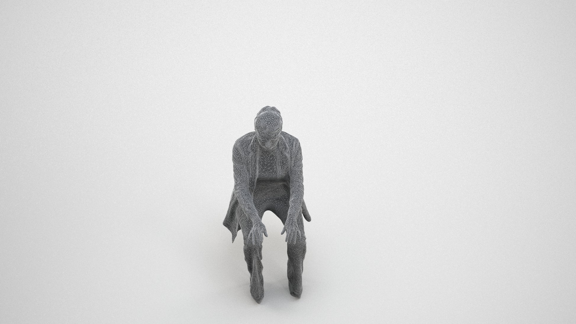 realistic 3D woman business sitting, scanned archviz people for Blender and 3ds Max, wireframe three-quarter view