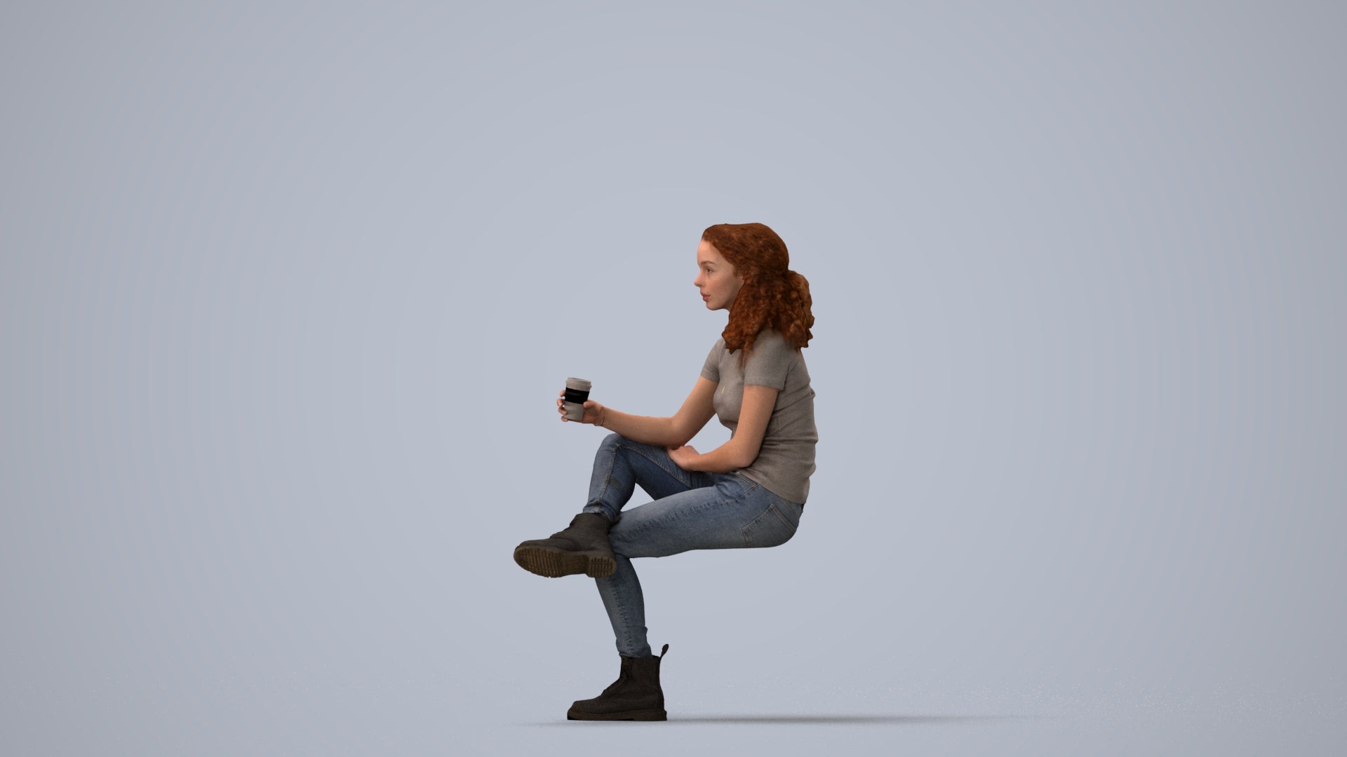 realistic 3D human woman casual sitting, archviz people FBX OBJ for Blender, three-quarter view render