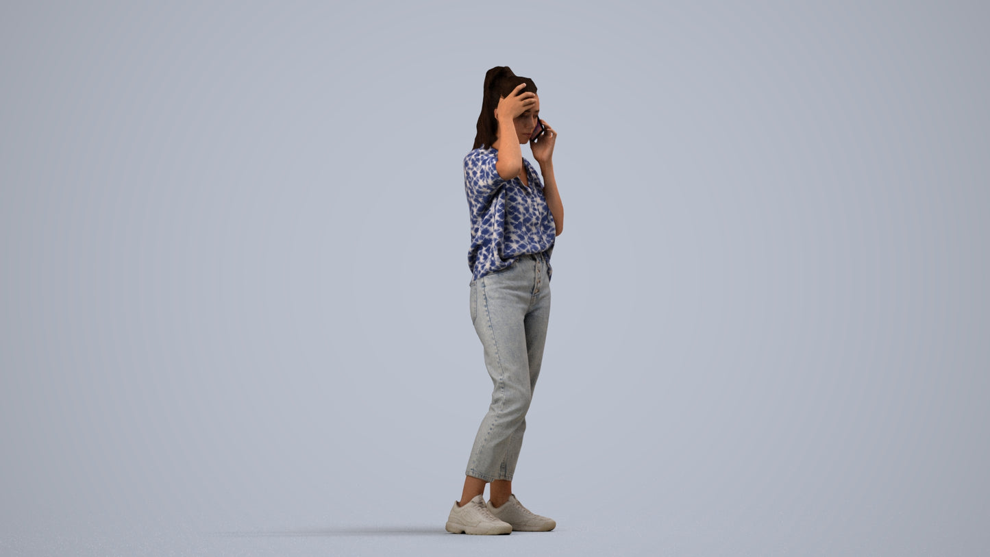 3D scanned woman standing casual, photorealistic archviz people for Enscape and SketchUp, side view render
