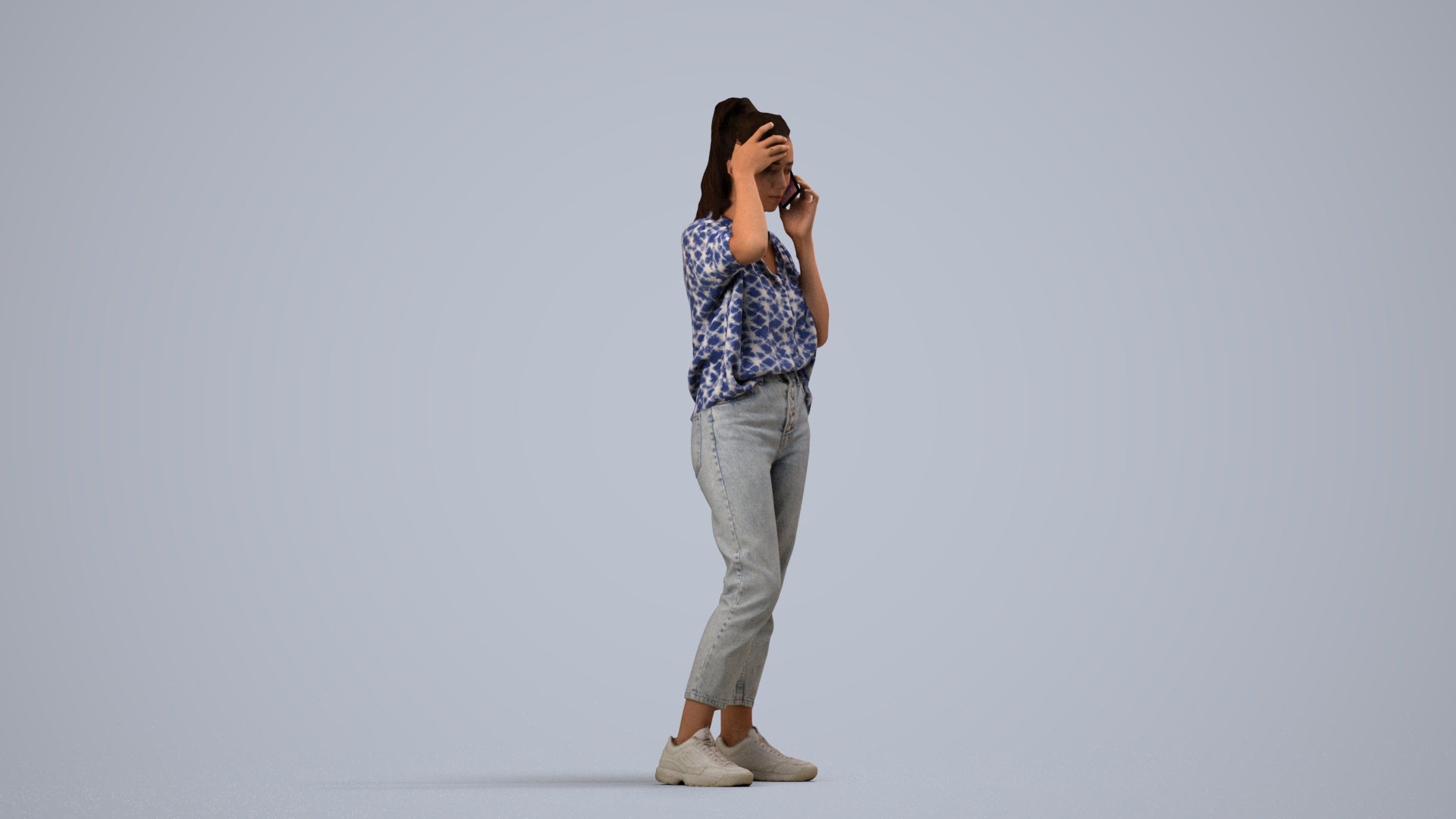 3D scanned woman standing casual, photorealistic archviz people for Enscape and SketchUp, side view render