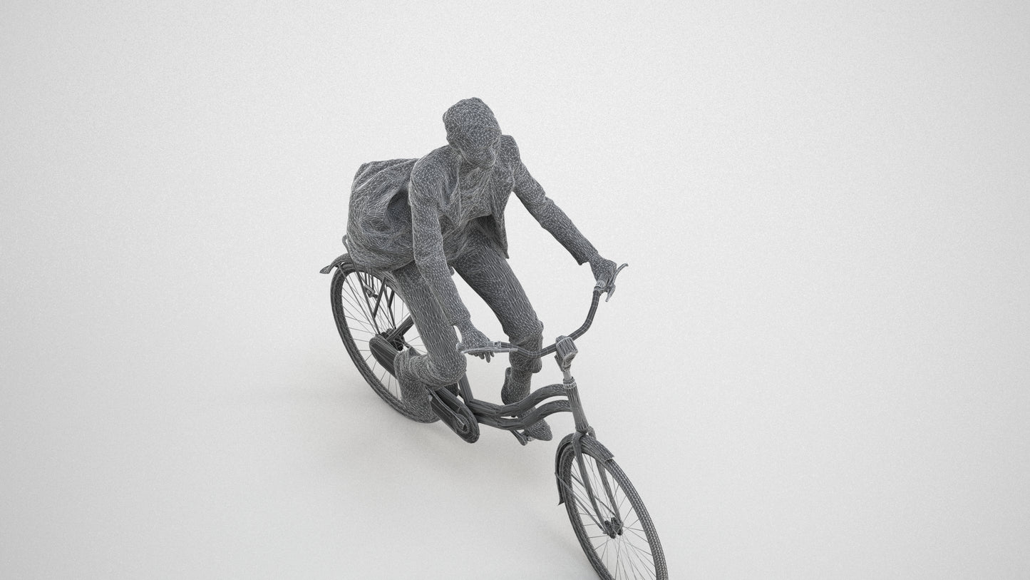 photogrammetry 3D woman business cycling, realistic human model archviz FBX, wireframe three-quarter view