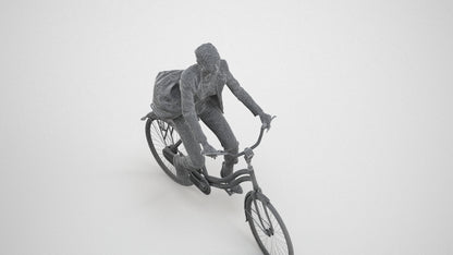 photogrammetry 3D woman business cycling, realistic human model archviz FBX, wireframe three-quarter view