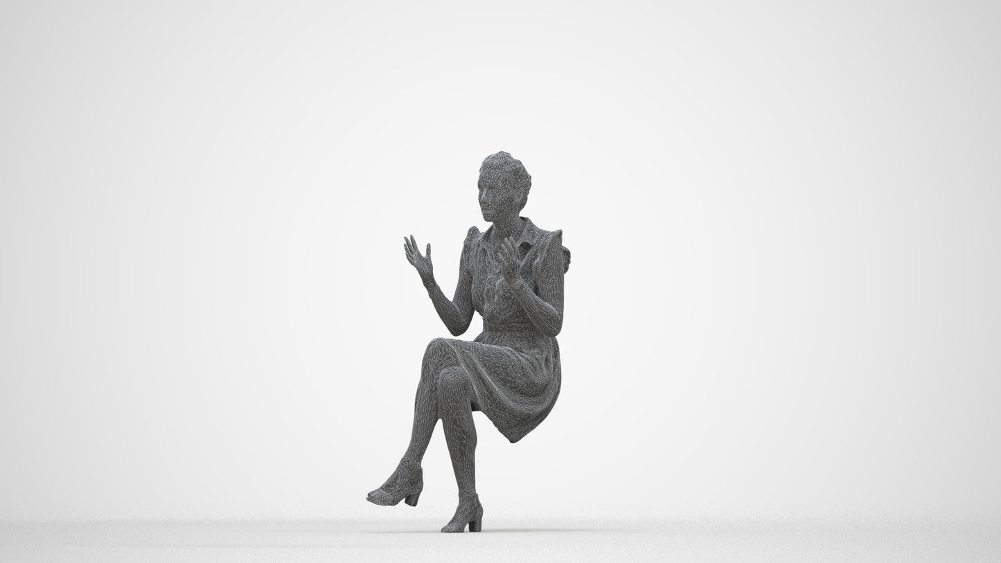 realistic 3D human woman casual sitting, archviz people FBX OBJ for Blender, wireframe back view