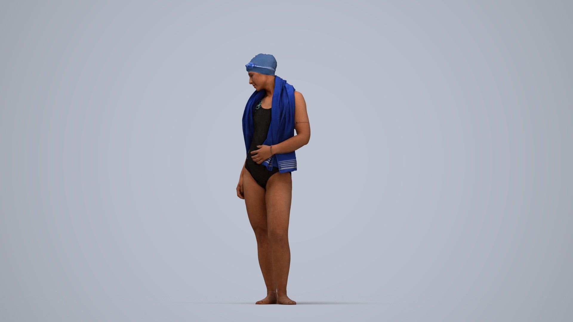 3D people model woman sport pool, scanned human for 3ds Max rendering, top-down view render