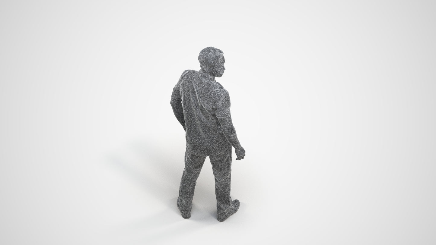 3D scanned man standing casual, photorealistic archviz people for Enscape and SketchUp, wireframe three-quarter view