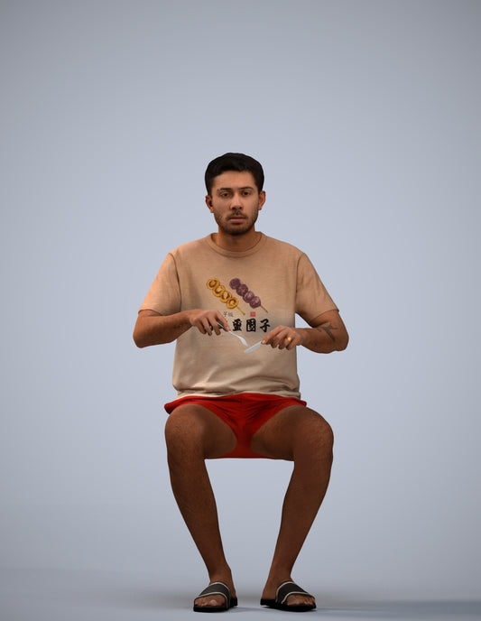 3D human model man casual sitting, photogrammetry scanned person for archviz