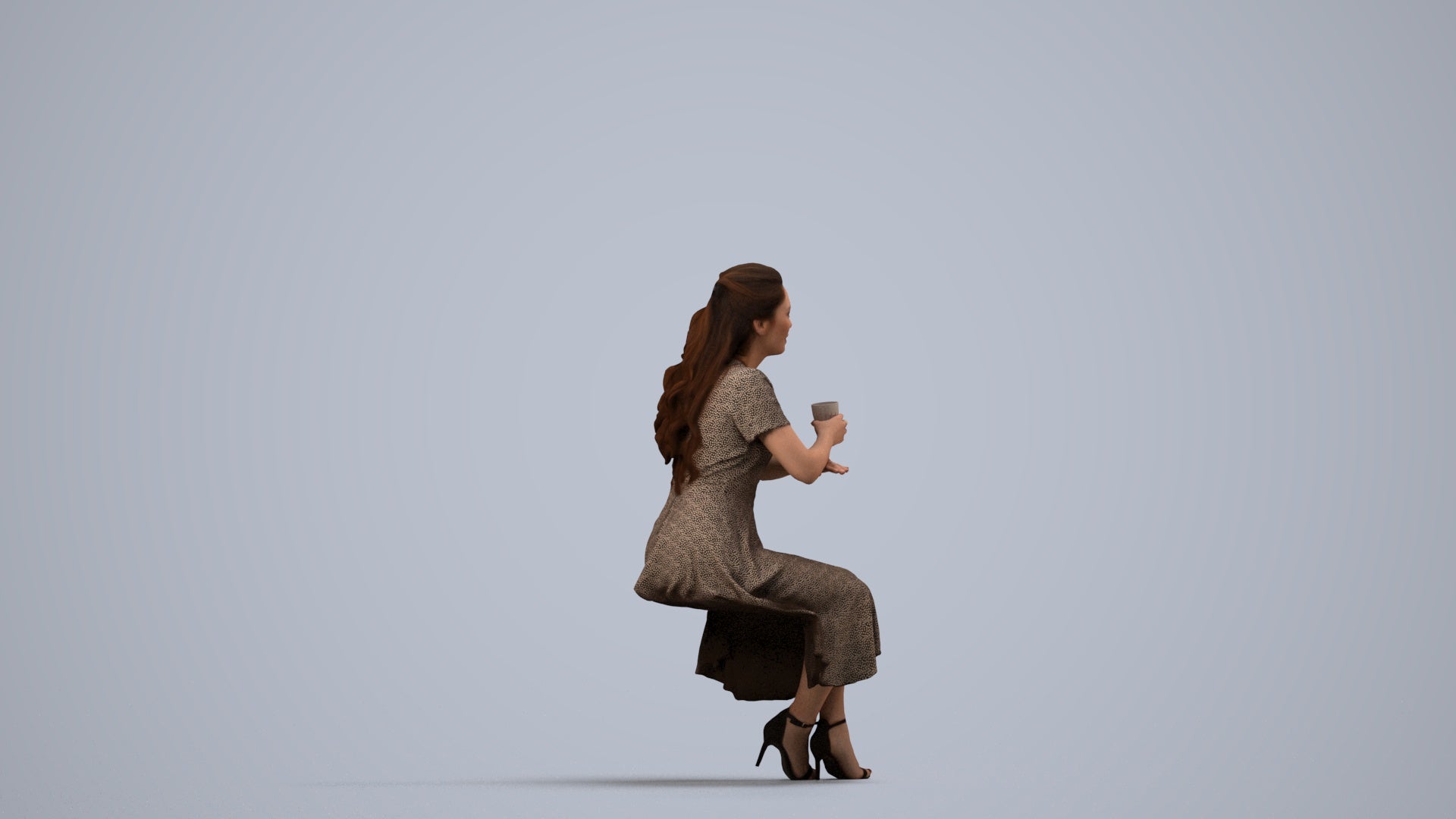 3D human model woman casual sitting, photogrammetry scanned person for archviz, side view render