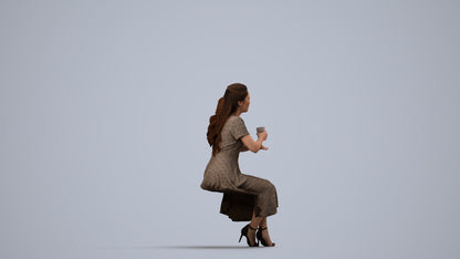 3D human model woman casual sitting, photogrammetry scanned person for archviz, side view render
