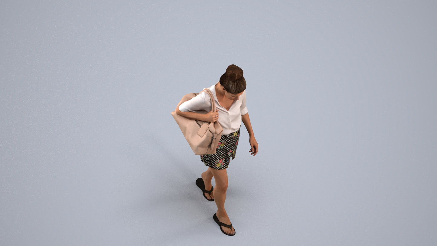 3D human model woman casual walking, photogrammetry scanned person for archviz, back view render