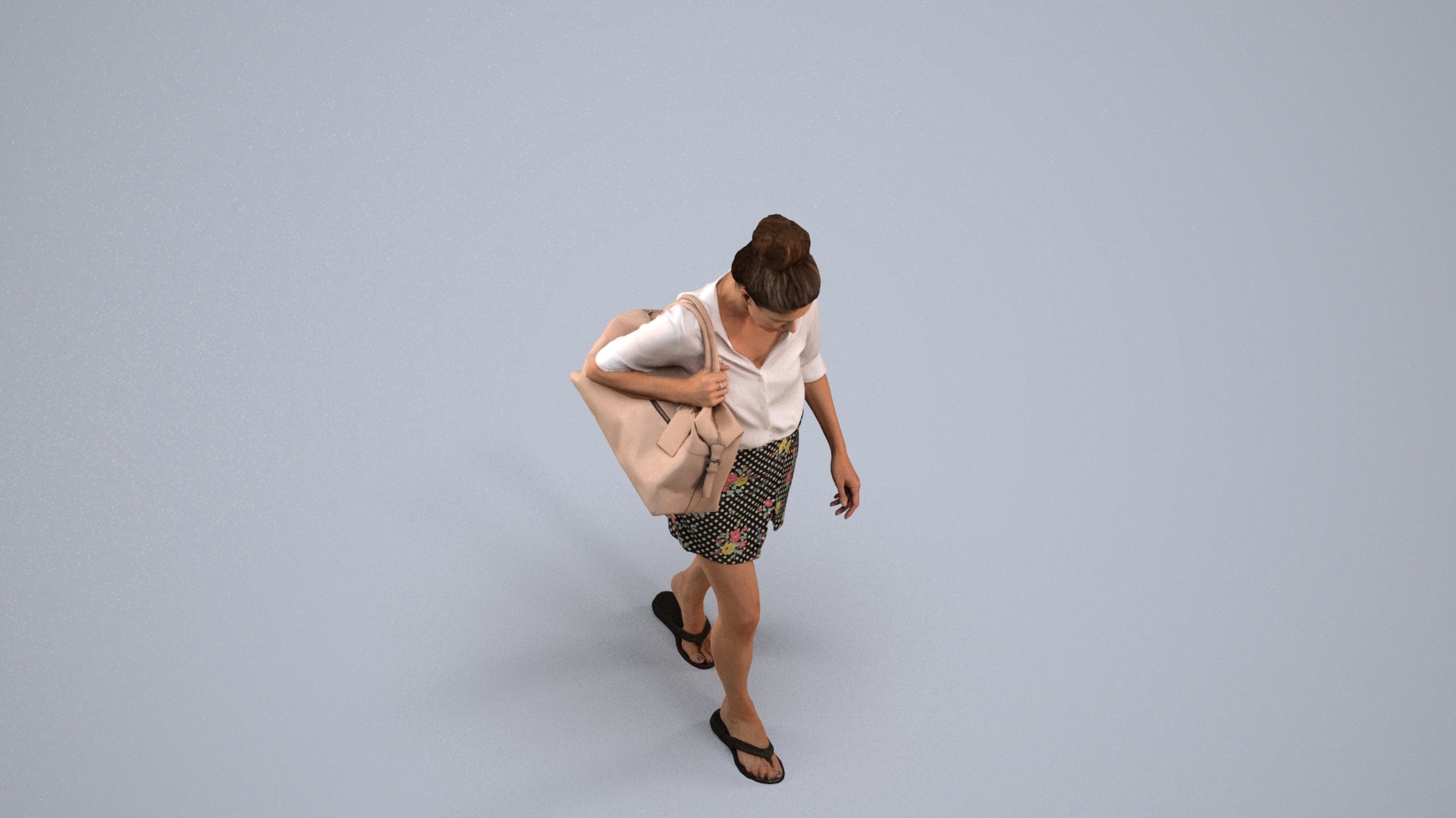 3D human model woman casual walking, photogrammetry scanned person for archviz, back view render