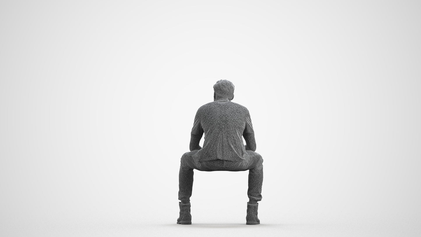 scanned 3D man casual sitting, photogrammetry people for Enscape and V-Ray, wireframe front view