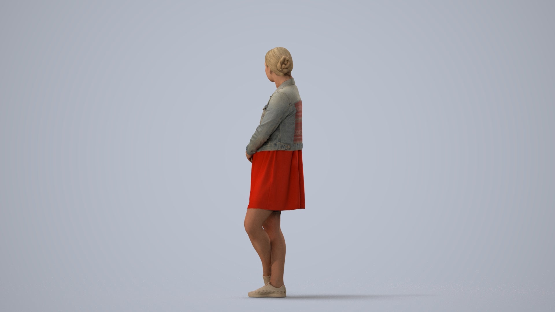realistic 3D human woman casual standing, archviz people FBX OBJ for Blender, three-quarter view render