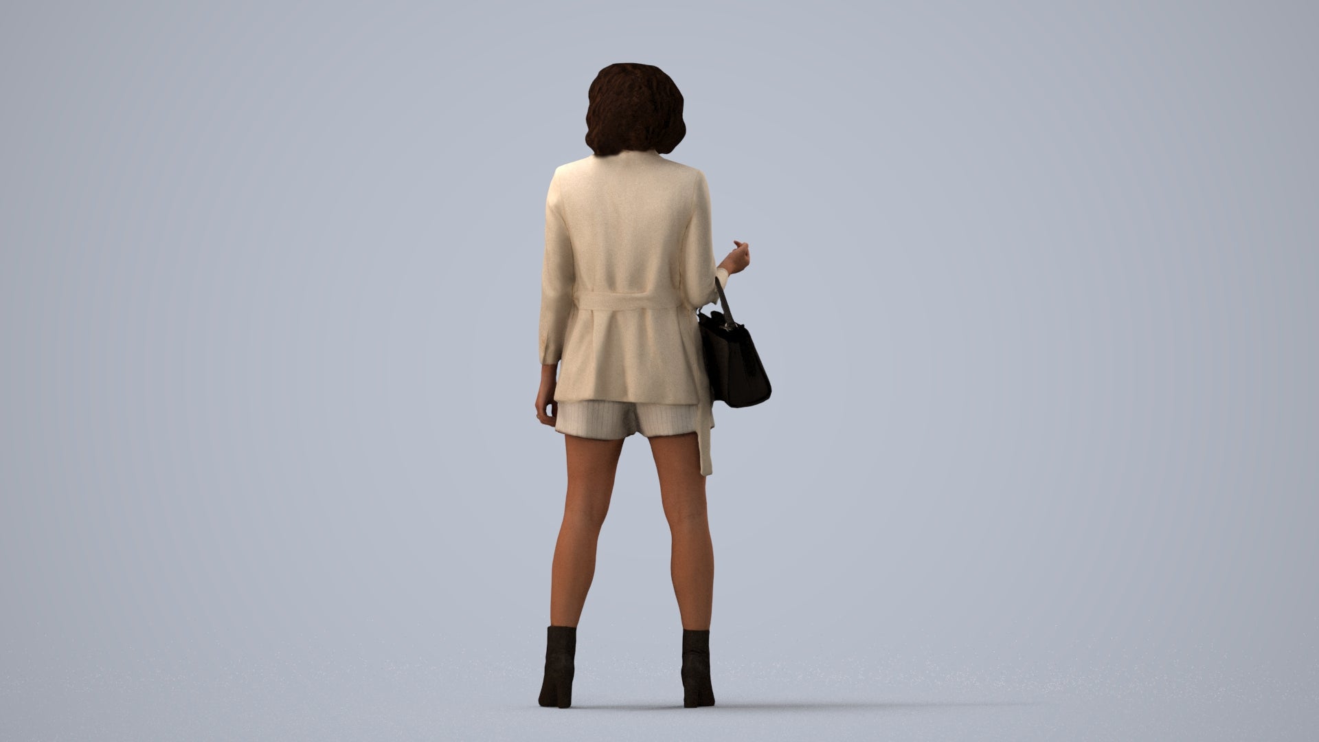 realistic 3D woman business standing, scanned archviz people for Blender and 3ds Max, three-quarter view render