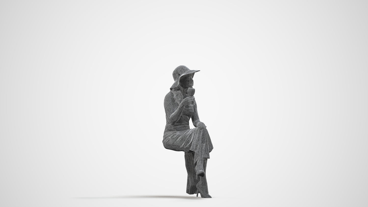 3D scanned woman sitting casual, photorealistic archviz people for Enscape and SketchUp, wireframe side view
