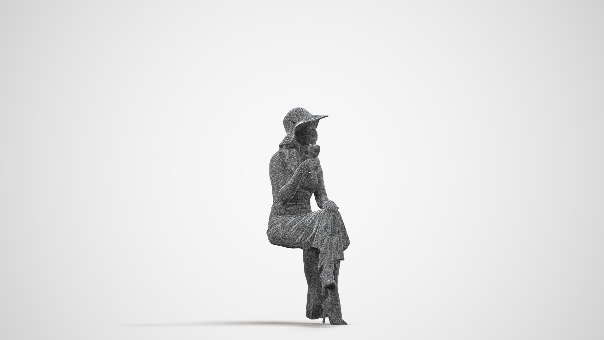 3D scanned woman sitting casual, photorealistic archviz people for Enscape and SketchUp, wireframe side view