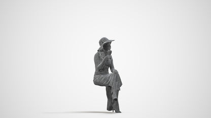 3D scanned woman sitting casual, photorealistic archviz people for Enscape and SketchUp, wireframe side view