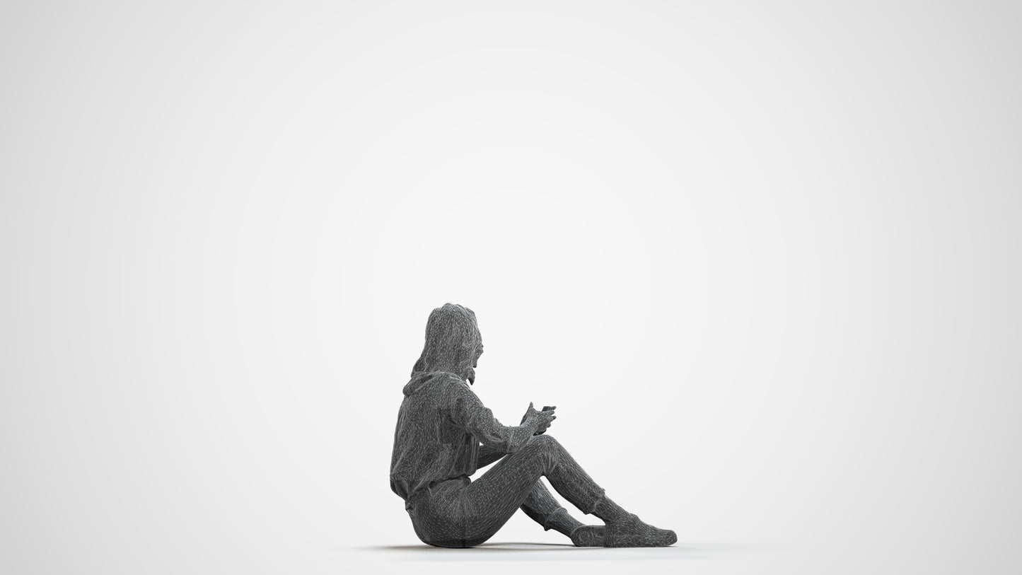 3D human model woman casual sitting, photogrammetry scanned person for archviz, wireframe front view