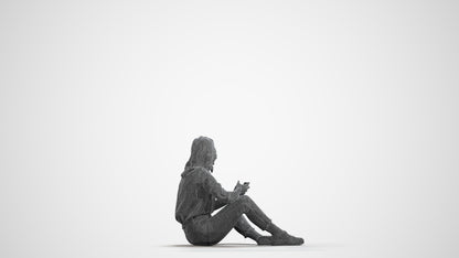 3D human model woman casual sitting, photogrammetry scanned person for archviz, wireframe front view