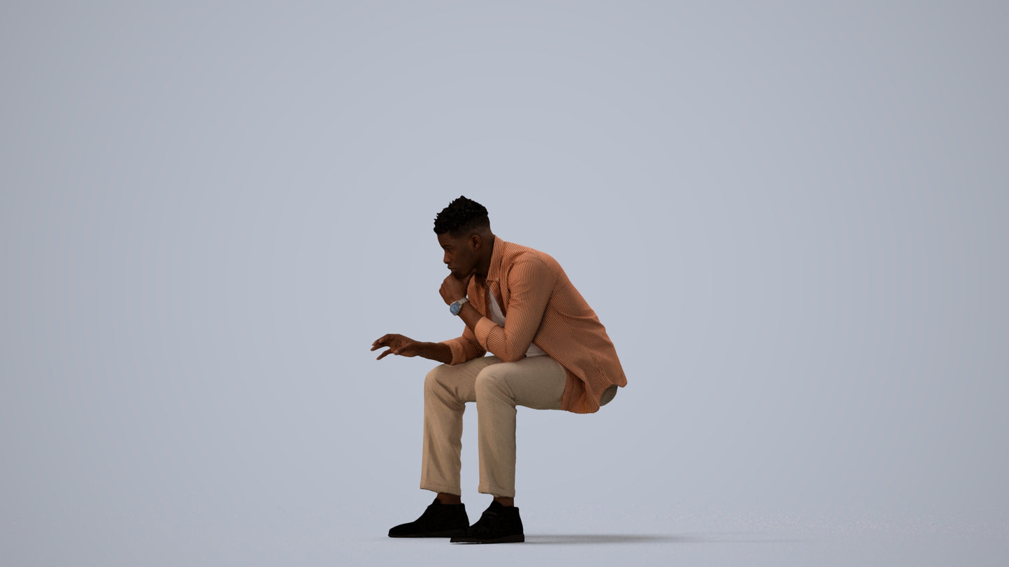 3D human model man casual sitting, photogrammetry scanned person for archviz, three-quarter view render