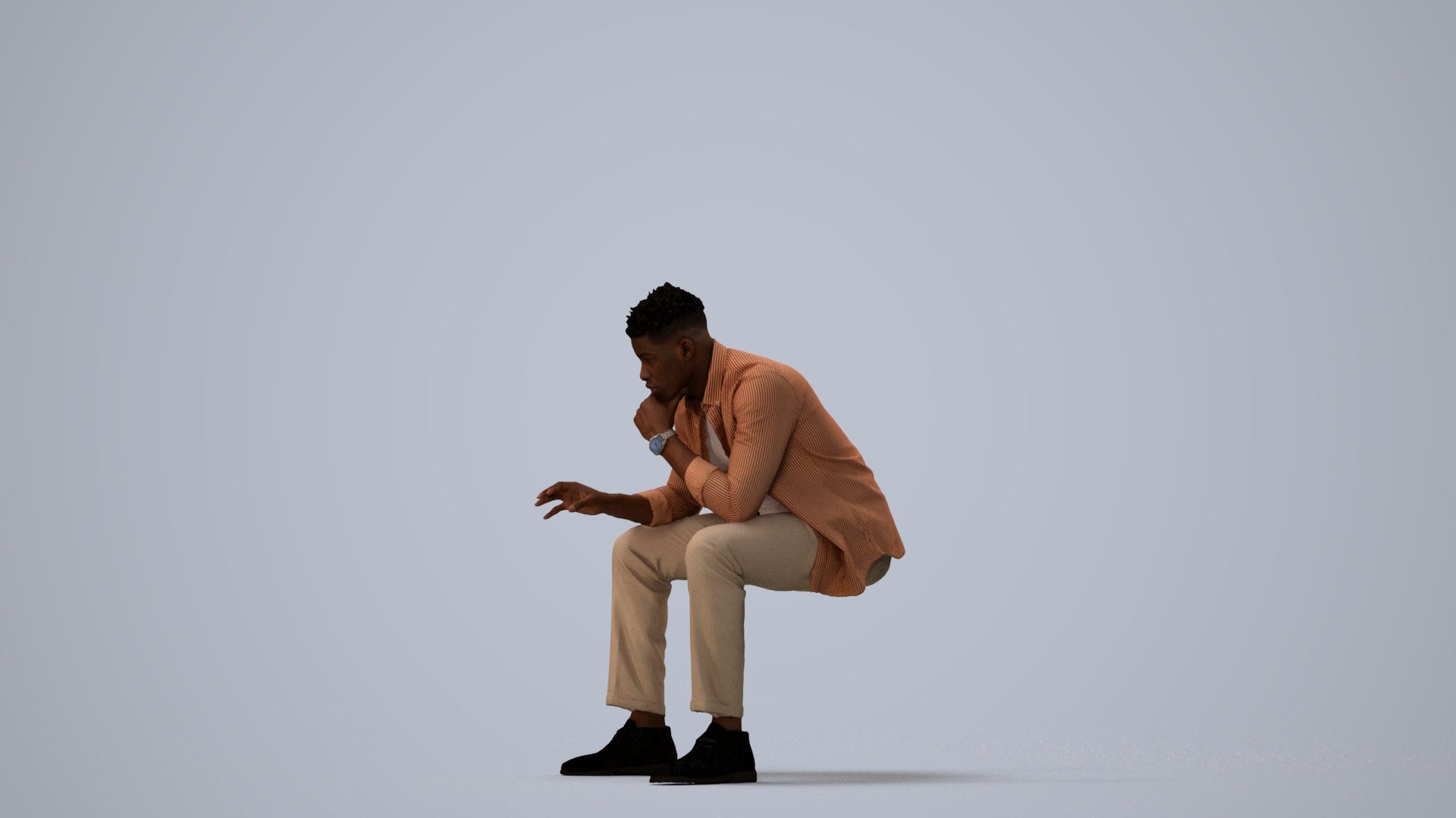 3D human model man casual sitting, photogrammetry scanned person for archviz, three-quarter view render