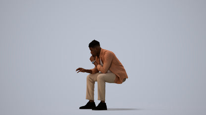3D human model man casual sitting, photogrammetry scanned person for archviz, three-quarter view render