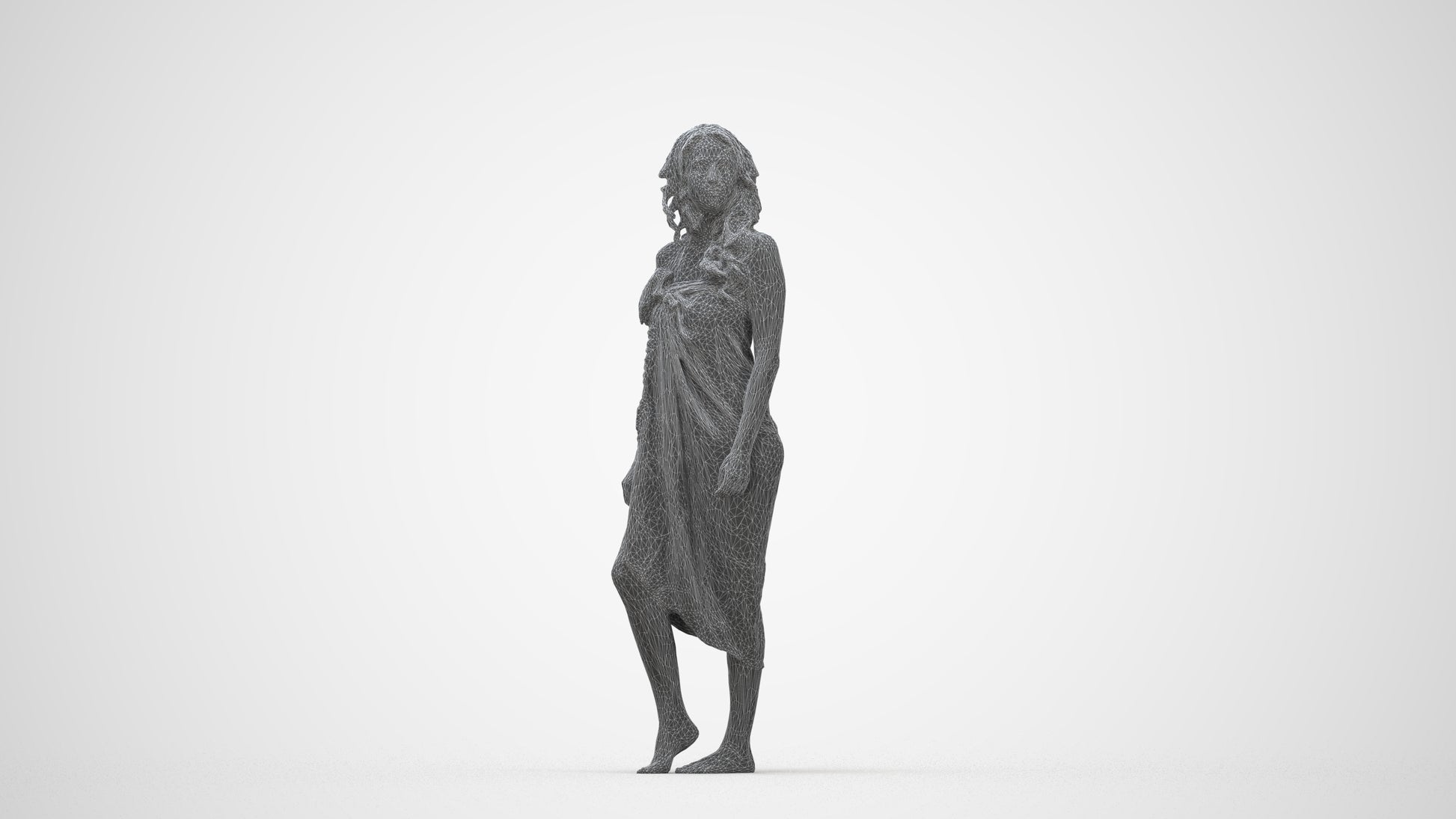 3D human model woman pool, photogrammetry scanned person for archviz, wireframe back view