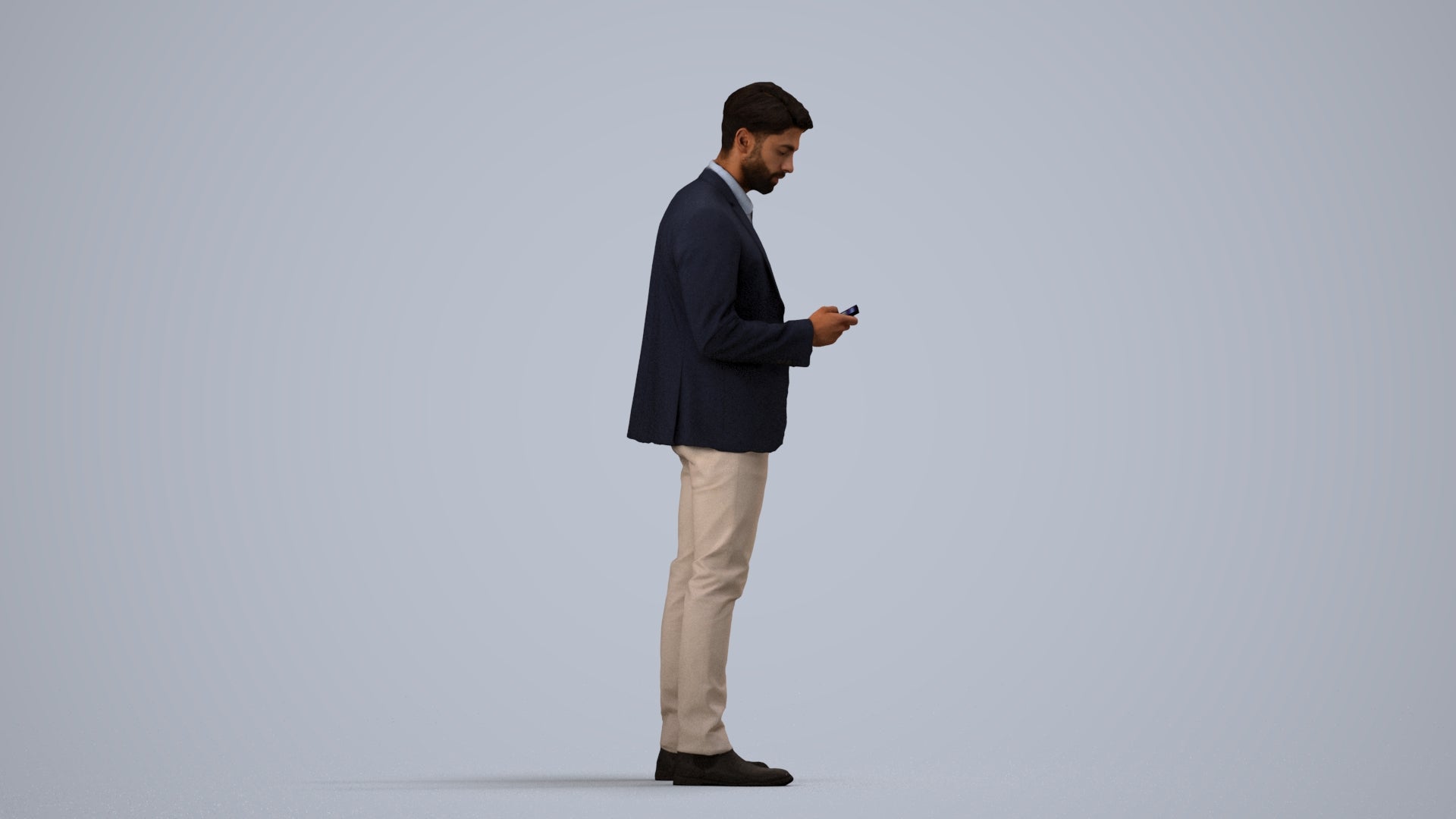 realistic 3D human man business, archviz people FBX OBJ for Blender, side view render