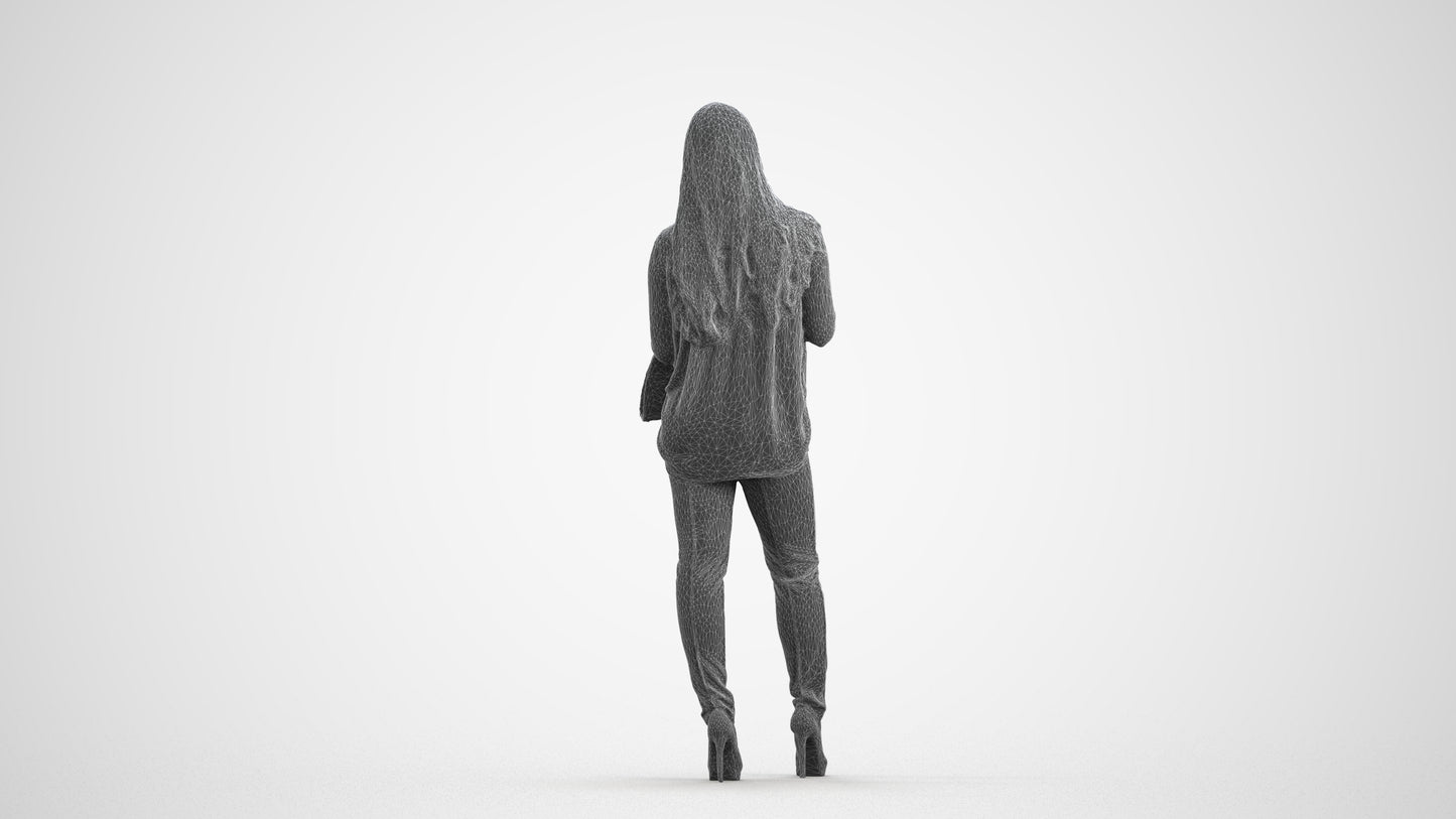 realistic 3D people woman business standing, render-ready for V-Ray and Corona, FBX OBJ, wireframe front view