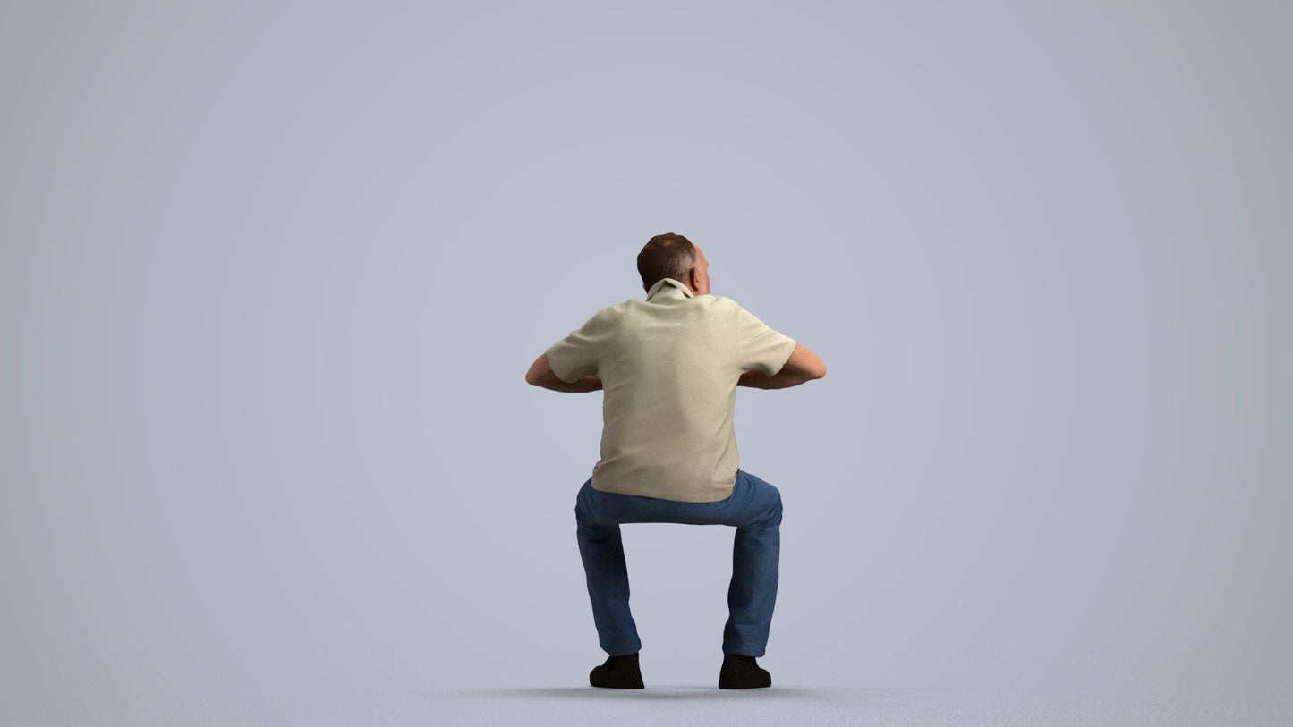 3D people model senior man casual sitting, scanned human for 3ds Max rendering, front view render