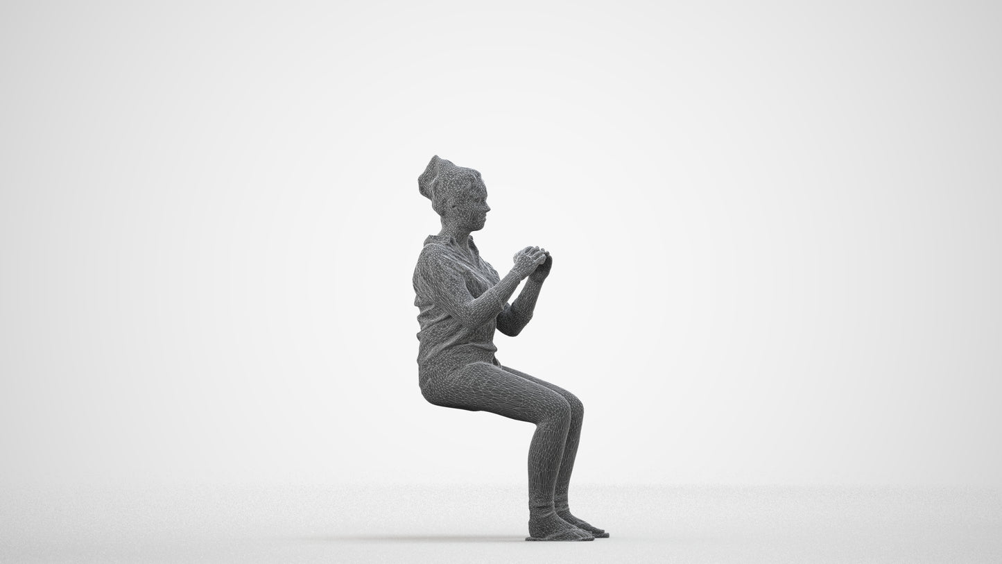 realistic 3D human woman casual sitting, archviz people FBX OBJ for Blender, wireframe side view