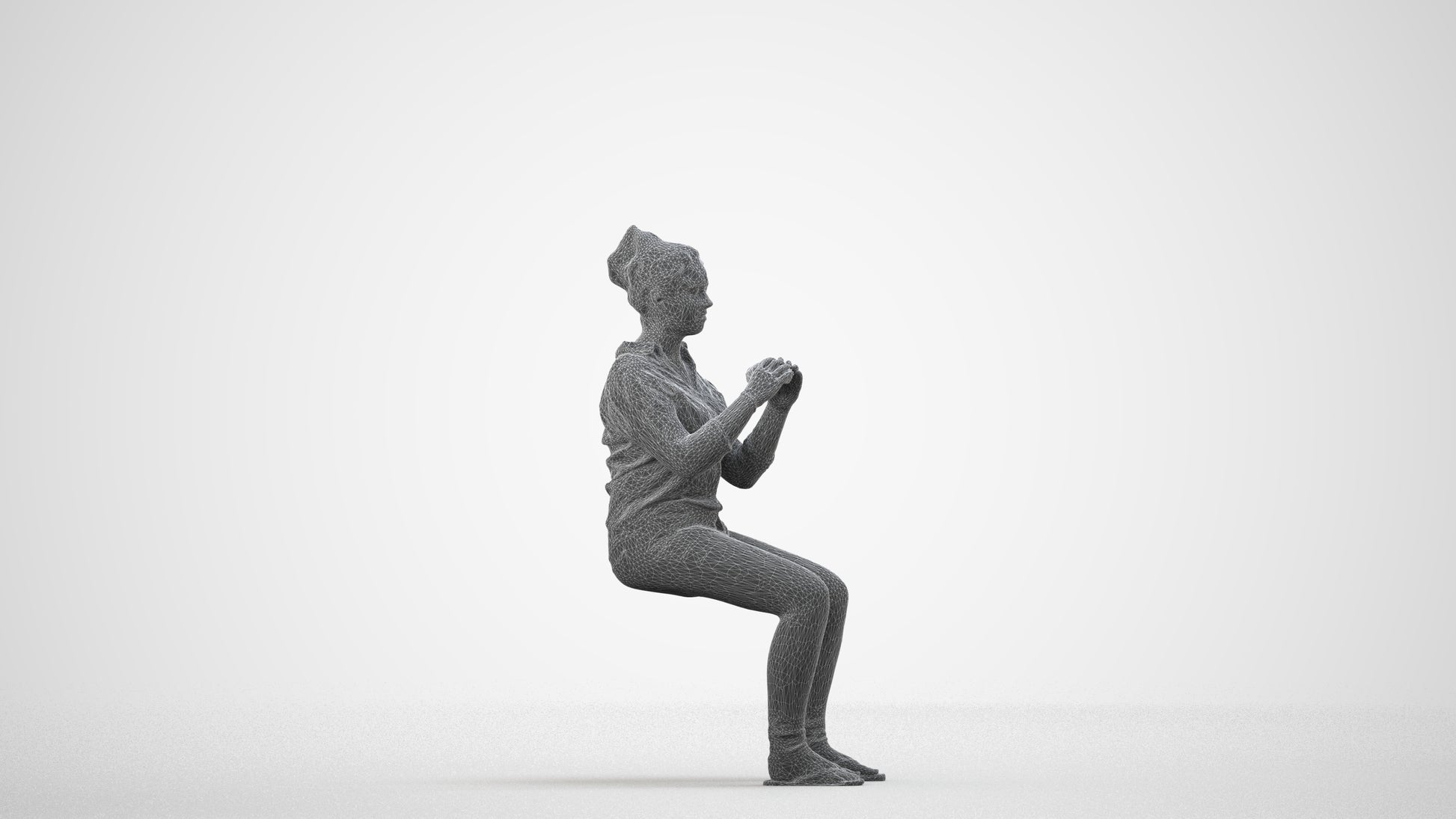 realistic 3D human woman casual sitting, archviz people FBX OBJ for Blender, wireframe side view