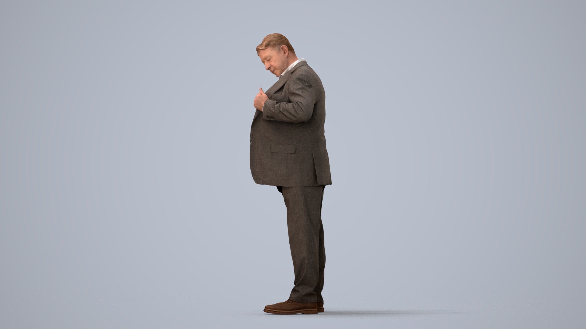 realistic 3D senior man business standing, scanned archviz people for Blender and 3ds Max, three-quarter view render