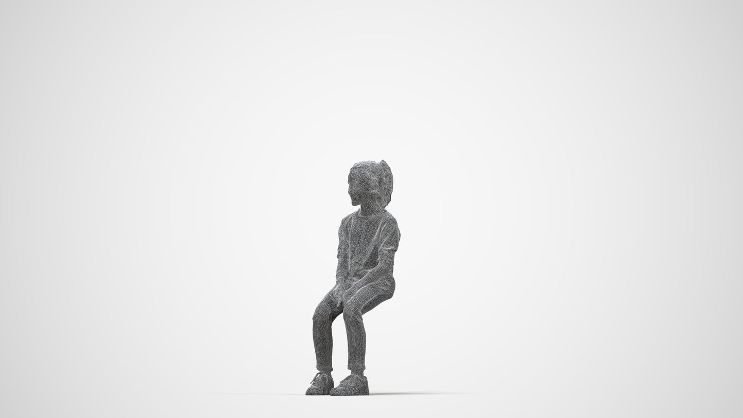 3D human model girl casual kids, photogrammetry scanned person for archviz, wireframe back view