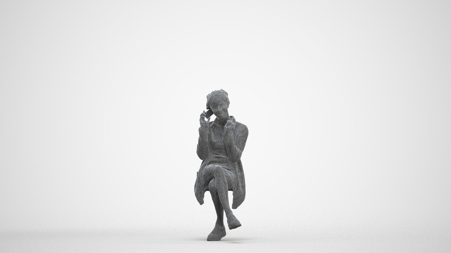 realistic 3D human woman casual sitting, archviz people FBX OBJ for Blender, three-quarter front view render
