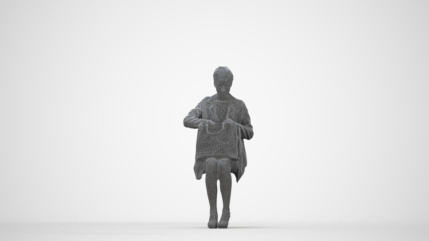 realistic 3D people woman business sitting, render-ready for V-Ray and Corona, FBX OBJ, wireframe back view