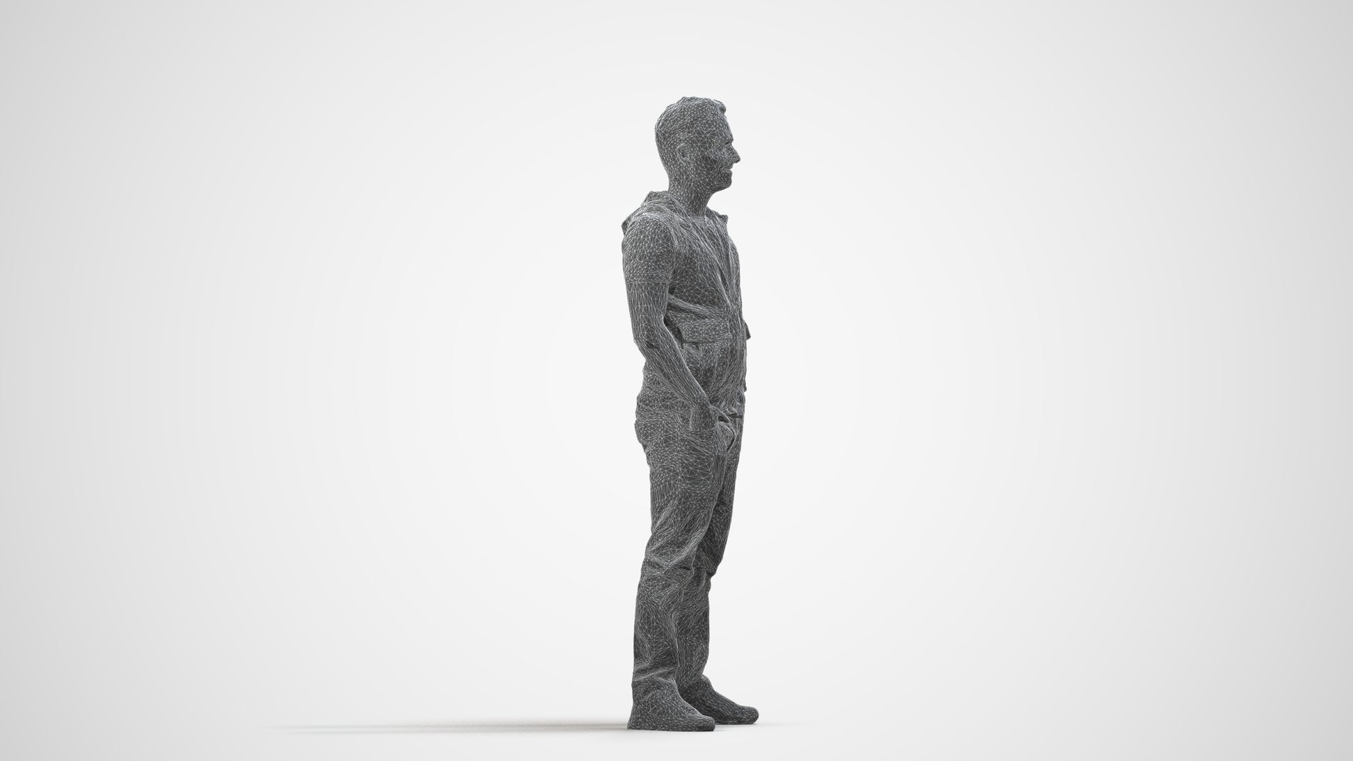 realistic 3D human man casual standing, archviz people FBX OBJ for Blender, wireframe side view