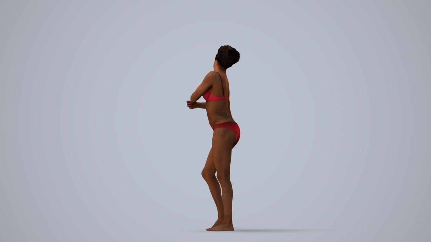 realistic 3D human woman pool, archviz people FBX OBJ for Blender, three-quarter view render