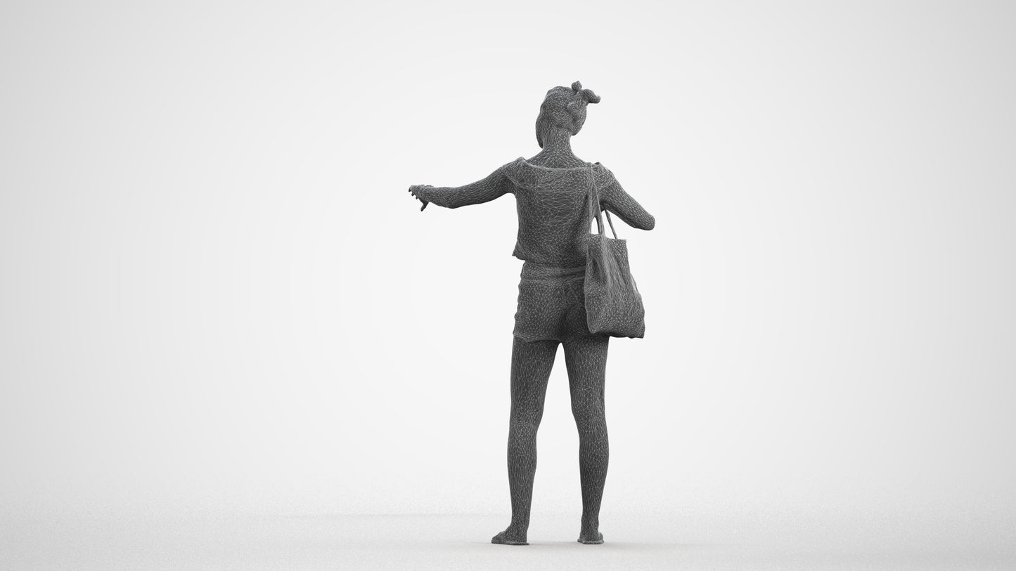 3D scanned girl standing casual, photorealistic archviz people for Enscape and SketchUp, wireframe front view