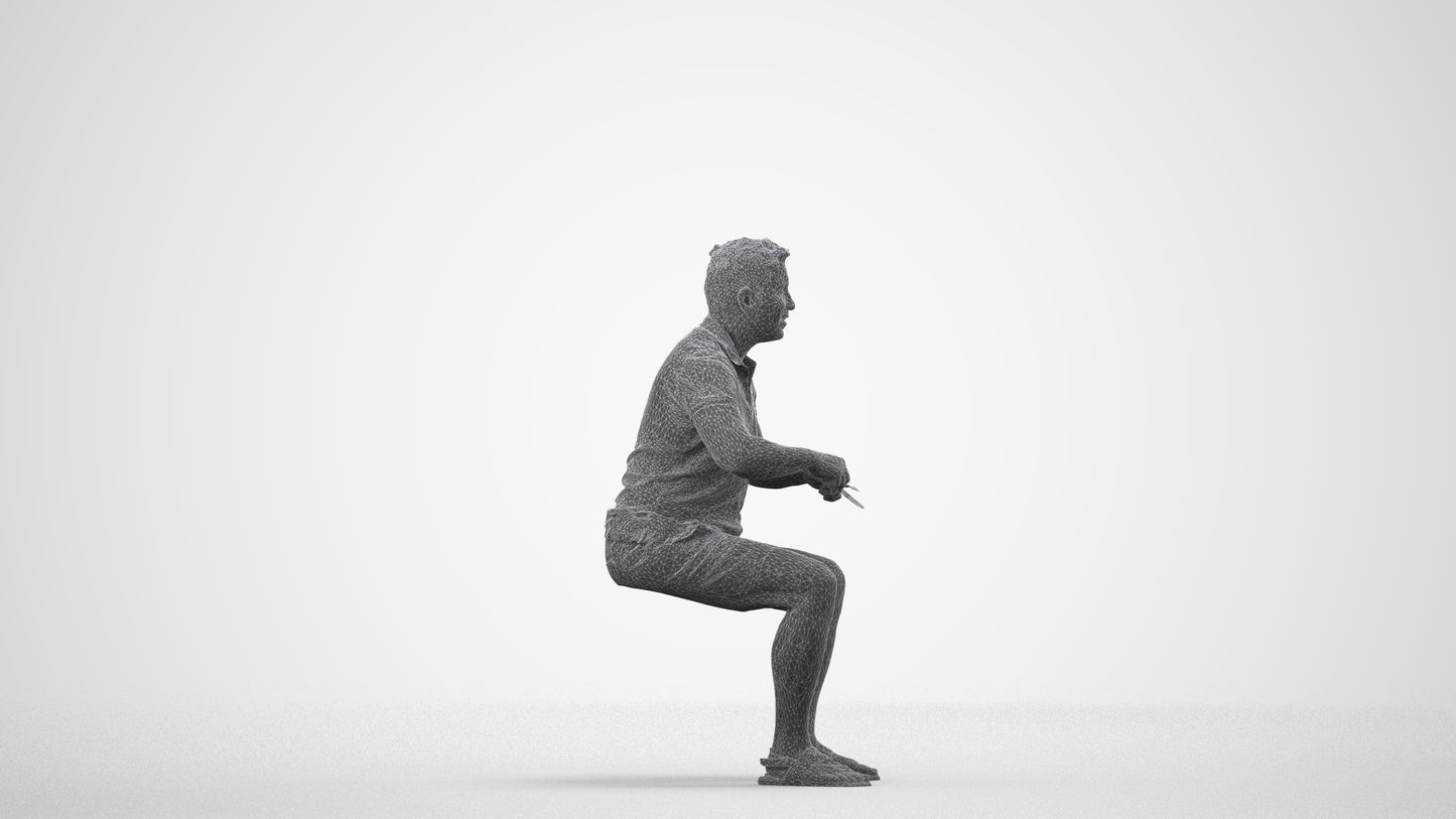 3D scanned man sitting casual, photorealistic archviz people for Enscape and SketchUp, wireframe side view