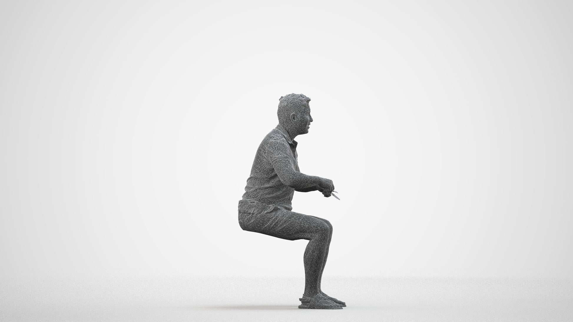 3D scanned man sitting casual, photorealistic archviz people for Enscape and SketchUp, wireframe side view