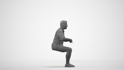3D scanned man sitting casual, photorealistic archviz people for Enscape and SketchUp, wireframe side view