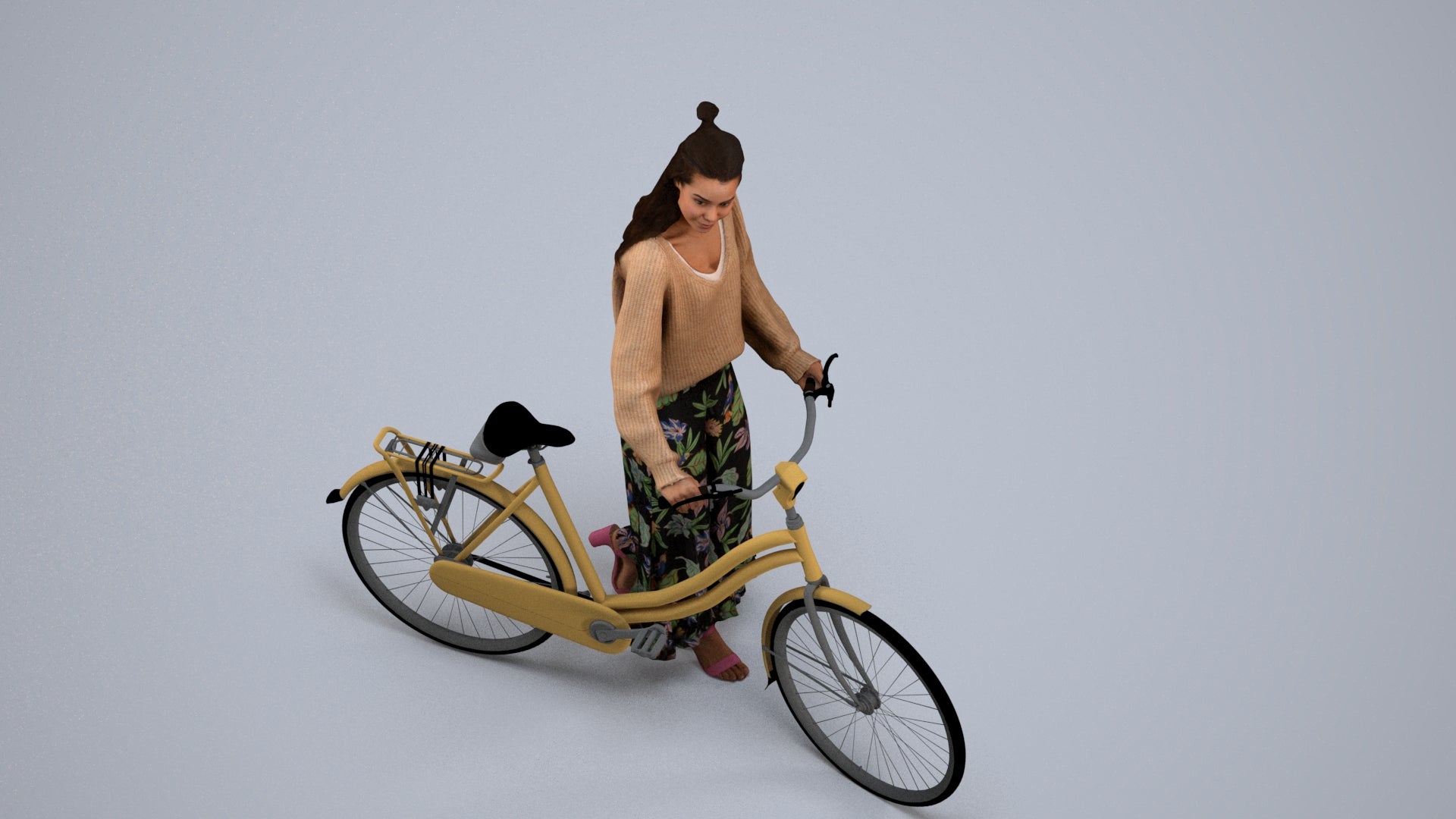 realistic 3D human woman casual cycling, archviz people FBX OBJ for Blender, back view render
